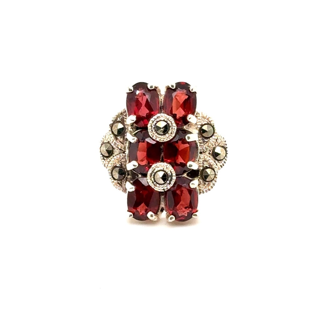 Vintage Sterling Silver Garnet Marcasite Cluster Cocktail Ring Size 7 925 Red